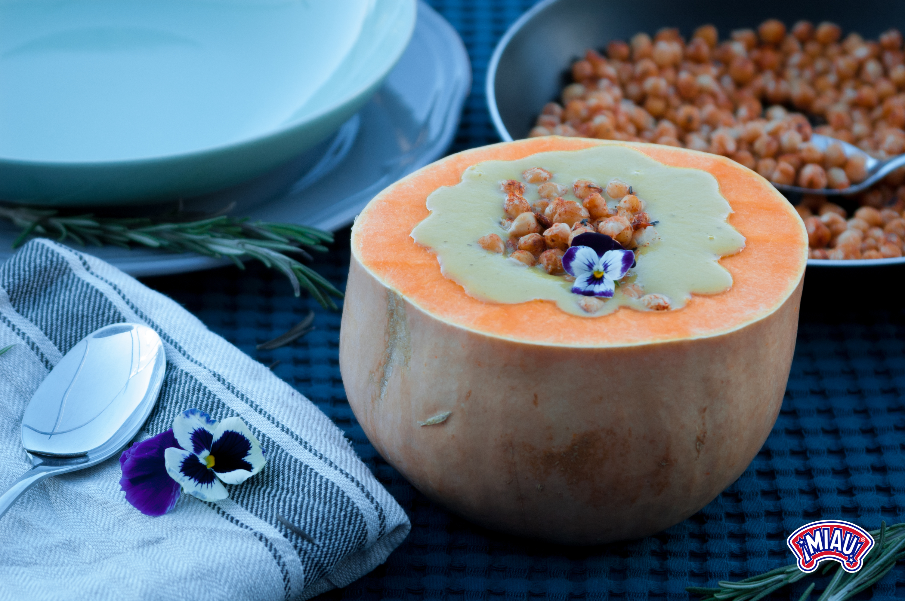 Cream of pumpkin soup with roasted chickpeas