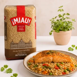 Salmon a la plancha con arroz integral MIAU y verduras