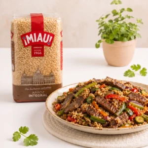 Salteado de ternera con arroz integral MIAU y verduras