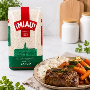 Solomillo con arroz largo MIAU y verduras salteadas
