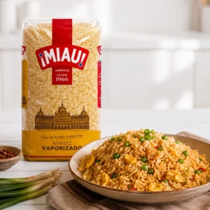 Arroz vaporizado MIAU frito con huevo y guisantes