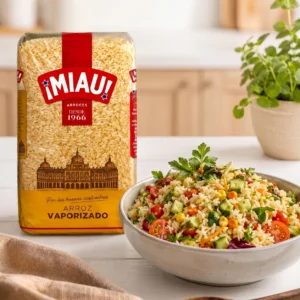 Ensalada de arroz vaporizado MIAU con tomate, pepino y maiz