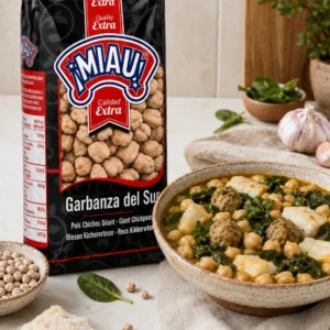 Potaje de garbanzas del Sur MIAU con bacalao, espinacas y albondigas