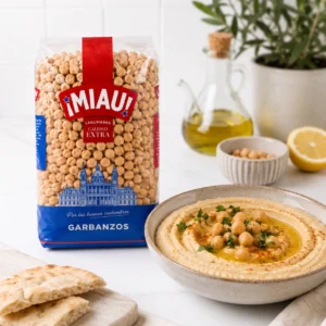 Hummus de garbanzos extra MIAU con pan de pita