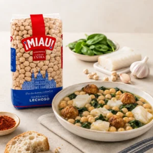 Potaje de garbanzos lechosos MIAU con bacalao y espinacas