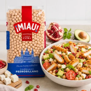 Ensalada de garbanzos pedrosillano MIAU con pollo crujiente, granada y feta