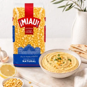 Hummus de guisante amarillo partido MIAU con pan de pita