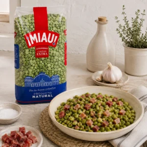 Guisantes verdes partidos MIAU salteados con jamon
