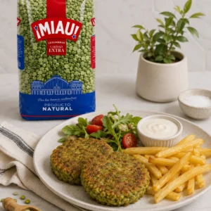 Hamburguesas vegetales de guisante verde partido MIAU con patatas