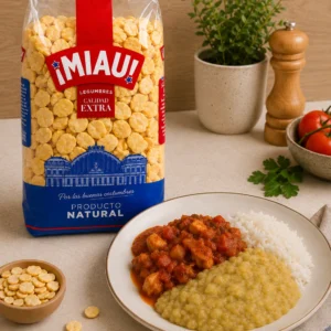 Pure de habas partidas MIAU con pollo en salsa y arroz