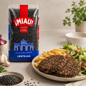 Hamburguesas de lentejas beluga MIAU con patatas y ensalada