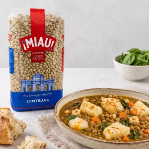 Lentejas MIAU con bacalao y espinacas