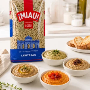 Untables de lentejas MIAU en cuatro variedades con pan tostado