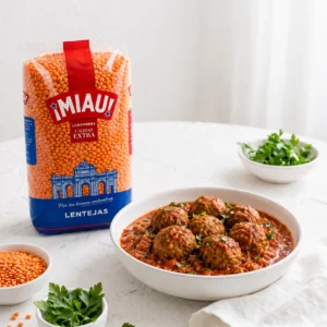 Albondigas de lentejas rojas MIAU en salsa de tomate