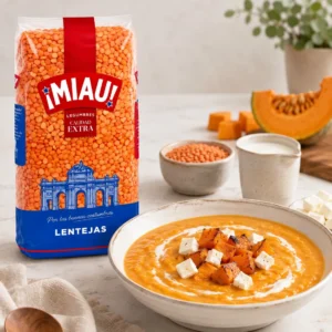 Crema de lenteja roja partida MIAU con calabaza asada y feta