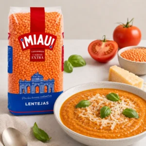 Crema de lenteja roja partida MIAU al tomate con albahaca y parmesano