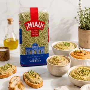 Untables de lentejas verdinas MIAU con tostas de pan