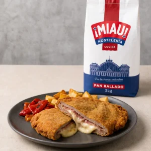 Cachopo con pan rallado MIAU Hosteleria 5 kg, patatas y pimientos