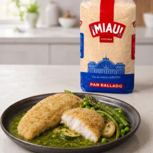 Merluza empanada con pan rallado MIAU en salsa verde