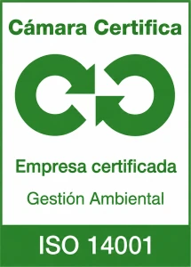 Sello de empresa certificada en gestión ambiental según la norma ISO 14001, emitido por Cámara Certifica