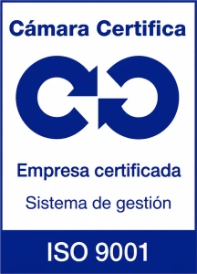 Sello de empresa certificada en sistema de gestión según la norma ISO 9001, emitido por Cámara Certifica