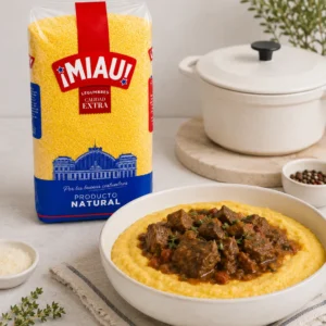 Polenta de semola de maiz MIAU con estofado de ternera