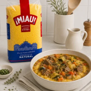 Polenta de semola de maiz MIAU con guiso de ternera y verduras