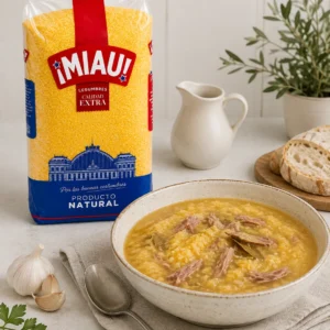 Sopa de semola de maiz MIAU con carne y laurel